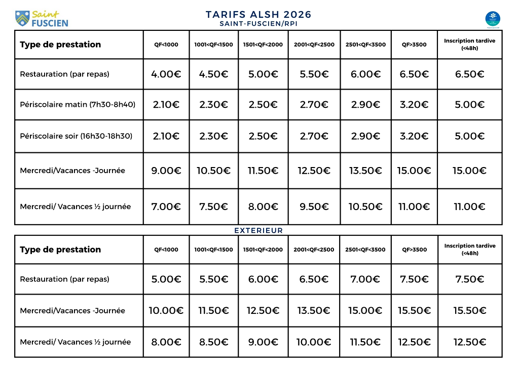TARIFS ALSH 2026